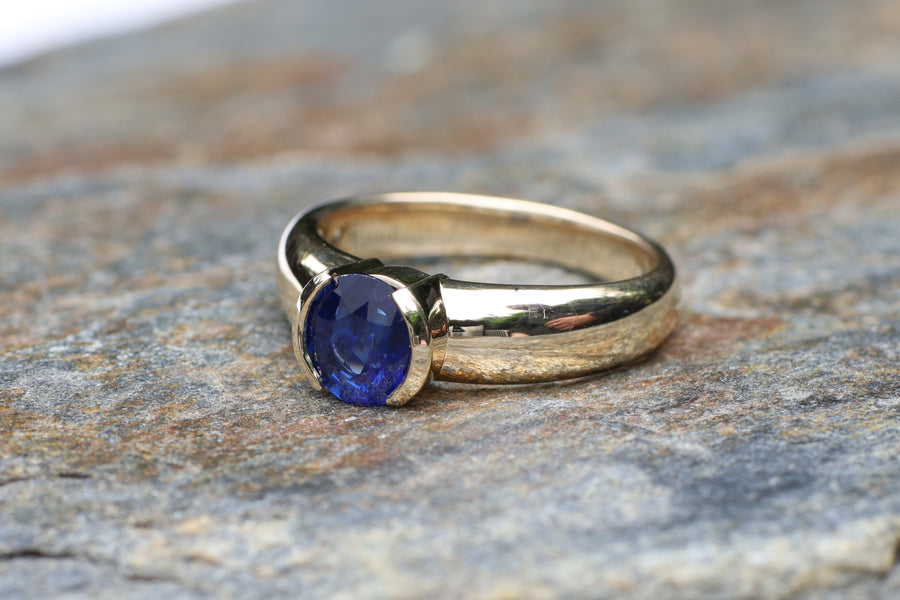 1.62ct Royal Blue Sapphire in Partial Bezel in 9ct yellow gold