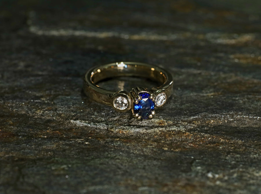 3 stone Sapphire and Diamond ring in 9ct Yellow Gold