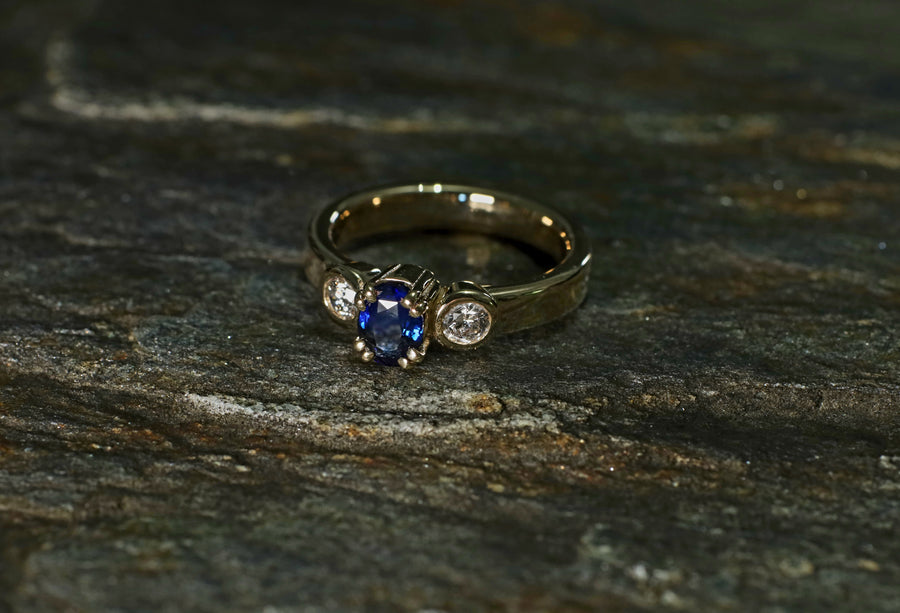 3 stone Sapphire and Diamond ring in 9ct Yellow Gold