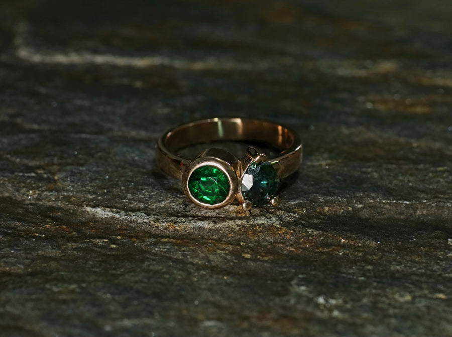 1.5ct Round Tsavorite and 0.90ct Pear Sapphire Ring