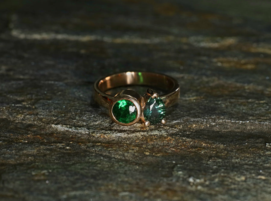 1.5ct Round Tsavorite and 0.90ct Pear Sapphire Ring