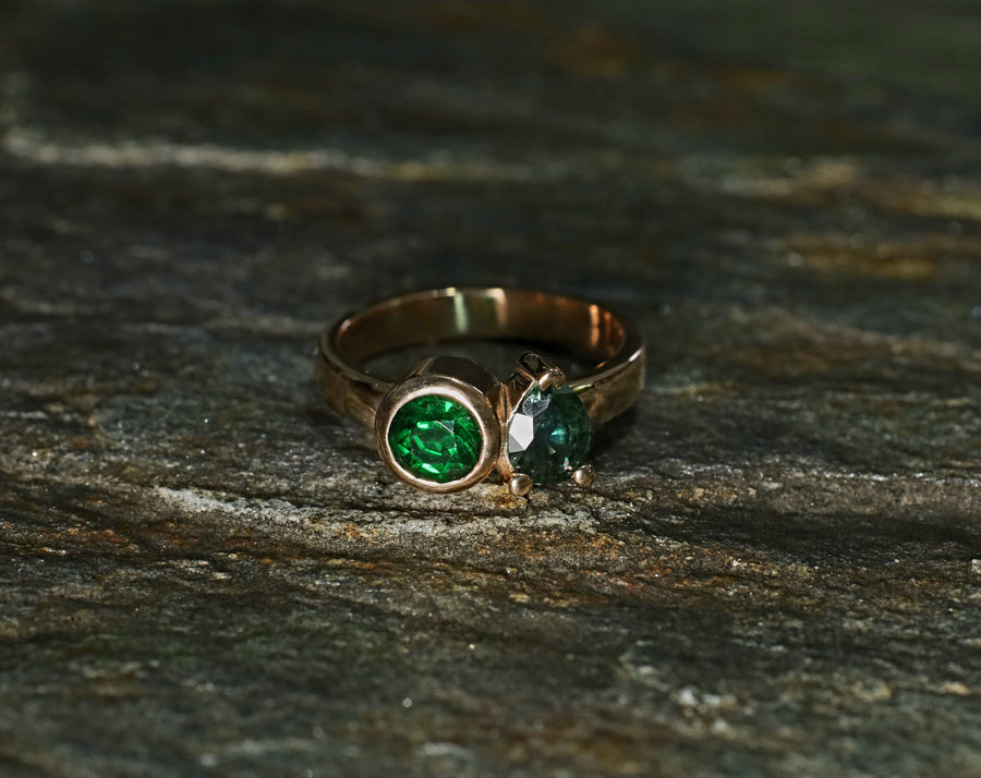 1.5ct Round Tsavorite and 0.90ct Pear Sapphire Ring