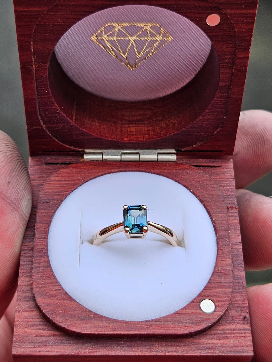 Emerald cut Teal Sapphire Ring