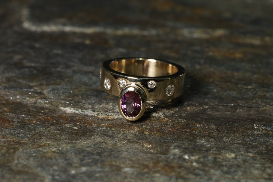 Purple Sapphire with 0.37ct Diamonds on a 9ct Yellow Gold Ring