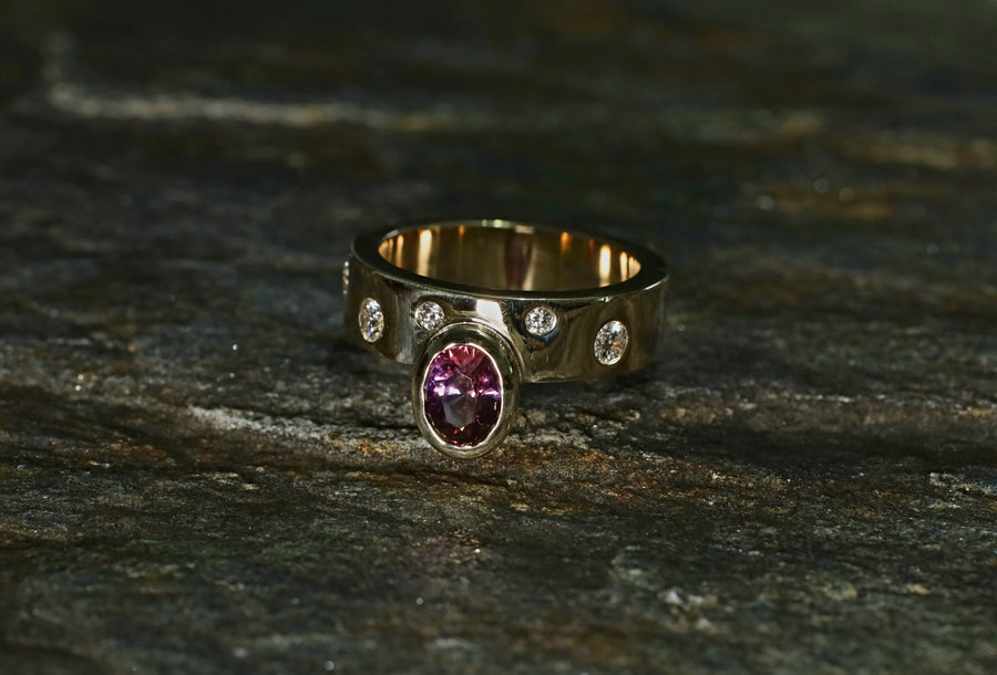 Purple Sapphire with 0.37ct Diamonds on a 9ct Yellow Gold Ring