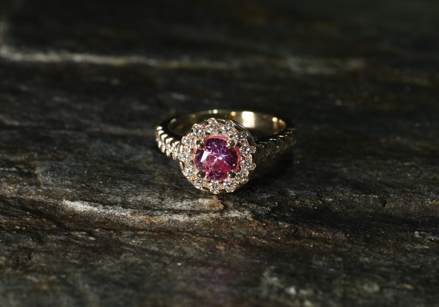 1.1ct Pink Sapphire 0.69ct of Diamonds in a 9ct Yellow Gold Ring