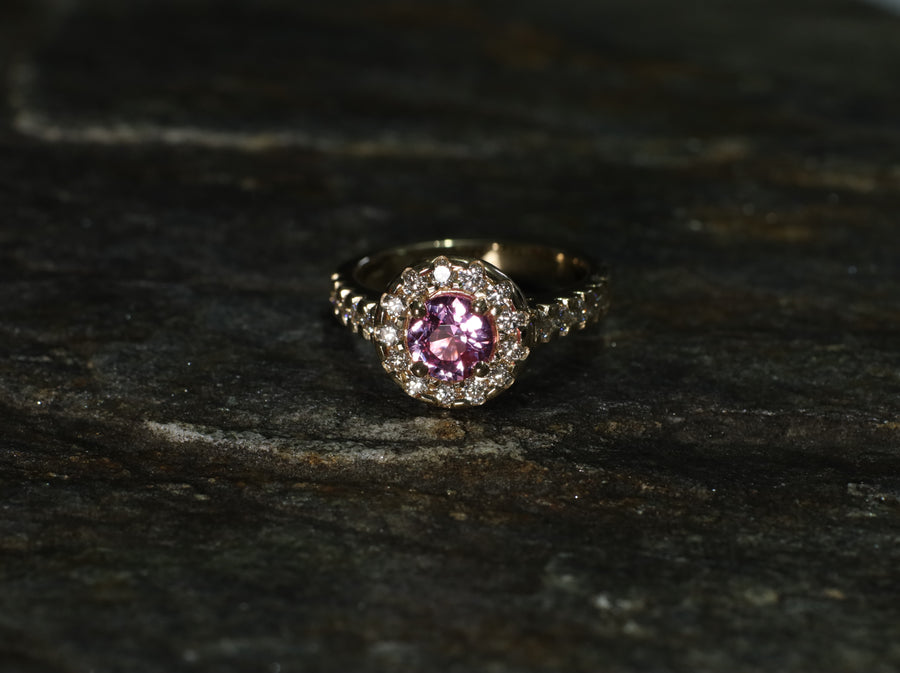 1.1ct Pink Sapphire 0.69ct of Diamonds in a 9ct Yellow Gold Ring