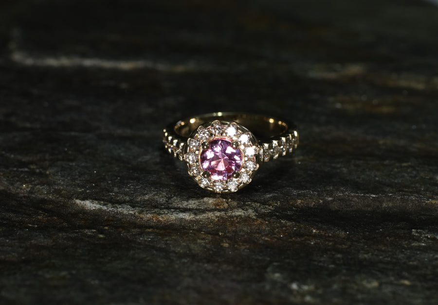 1.1ct Pink Sapphire 0.69ct of Diamonds in a 9ct Yellow Gold Ring