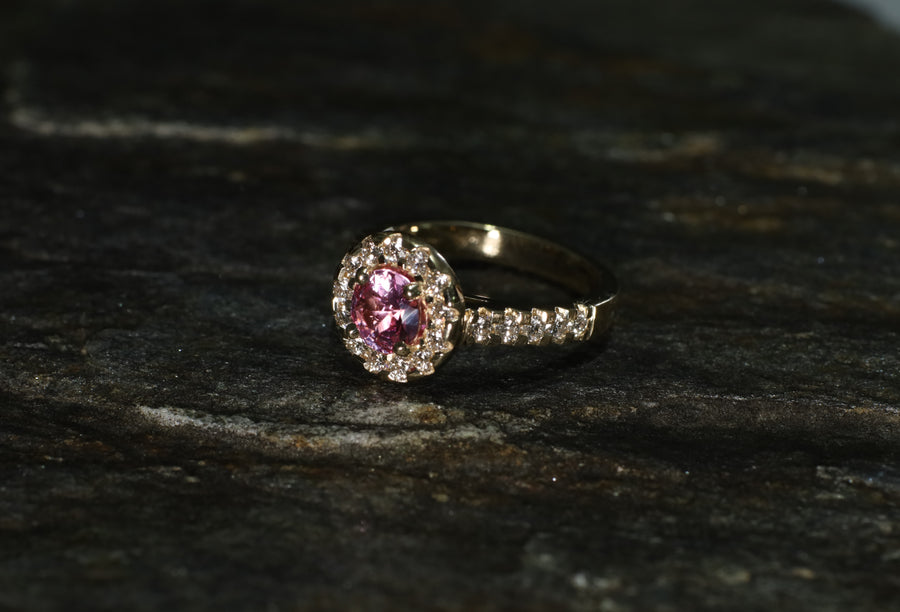 1.1ct Pink Sapphire 0.69ct of Diamonds in a 9ct Yellow Gold Ring