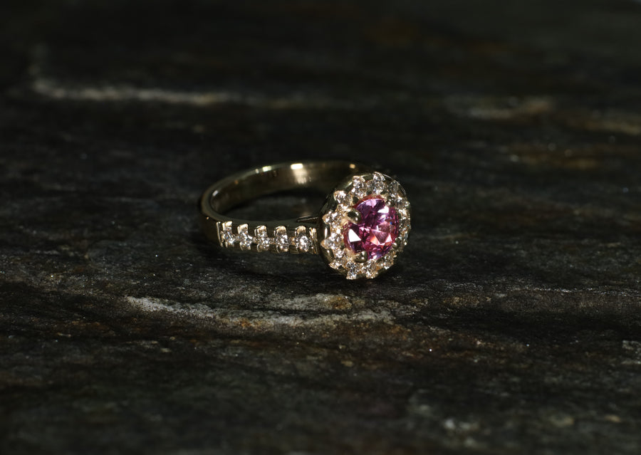 1.1ct Pink Sapphire 0.69ct of Diamonds in a 9ct Yellow Gold Ring