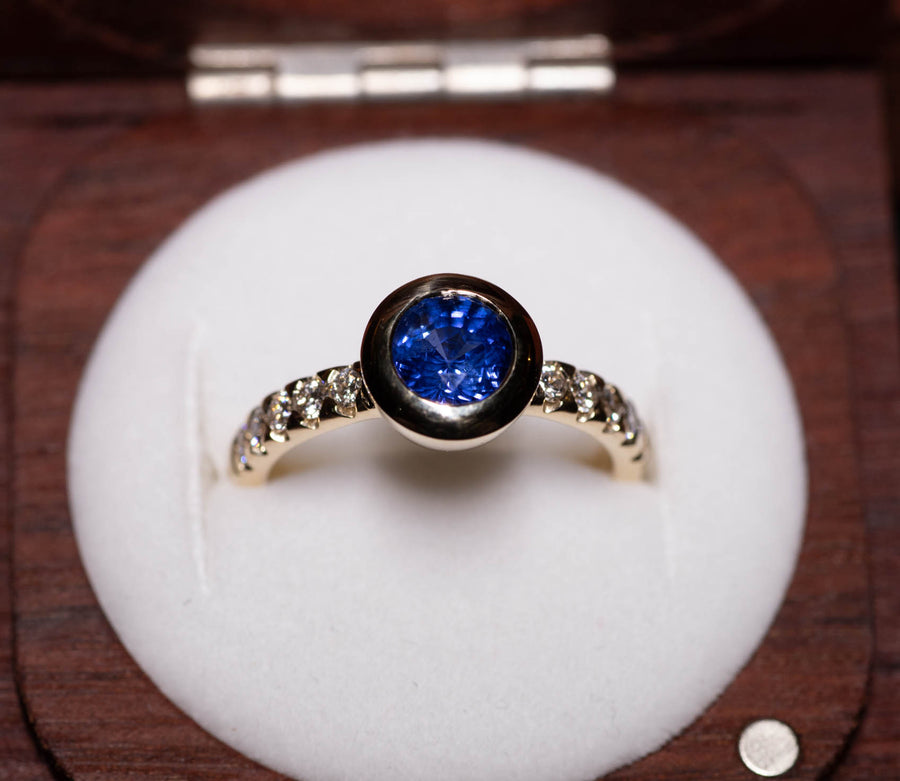 1.65ct Royal Blue Sapphire and 0.3ct Diamond in a 9ct Yellow Gold Ring