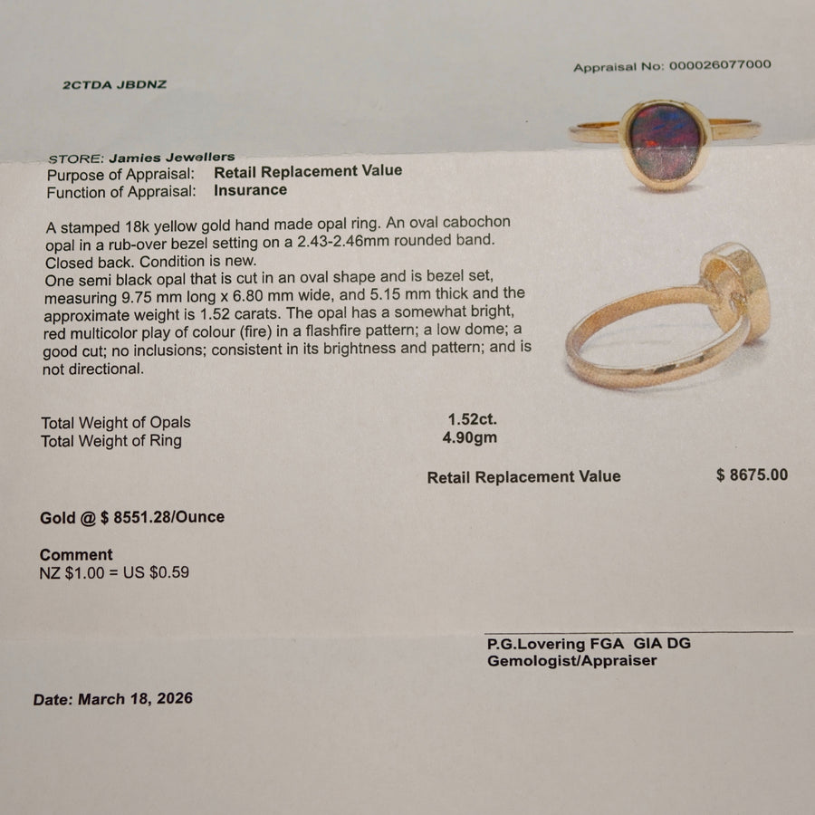 1.56ct Black Opal in 18ct Yellow Gold Ring