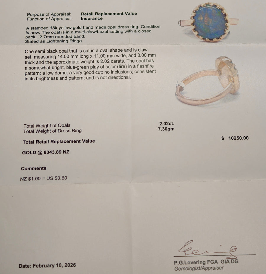 2ct Dark Opal in 18ct Yellow Gold Ring