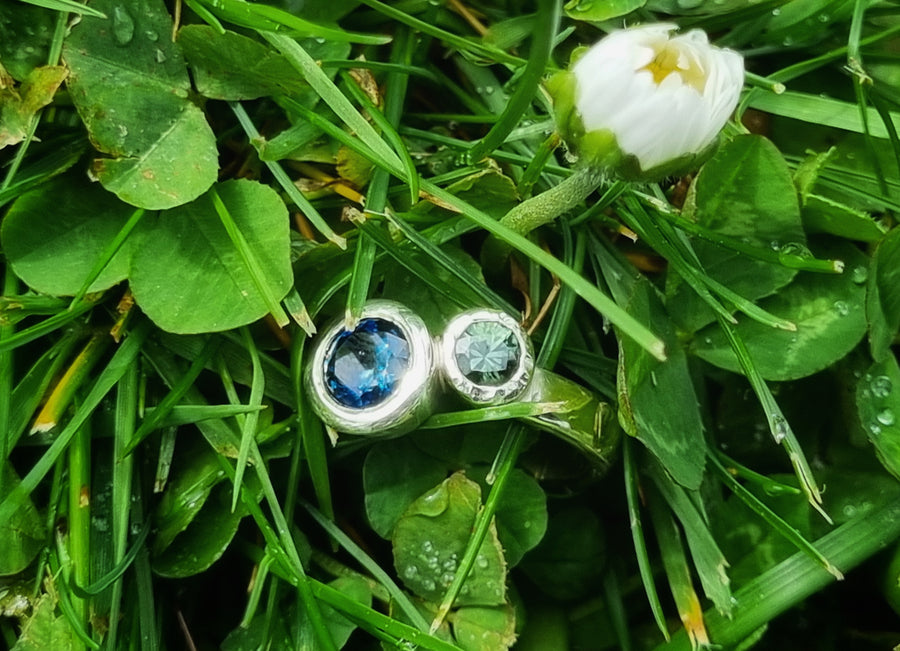 Blue and Green Two Stone Sapphire Ring
